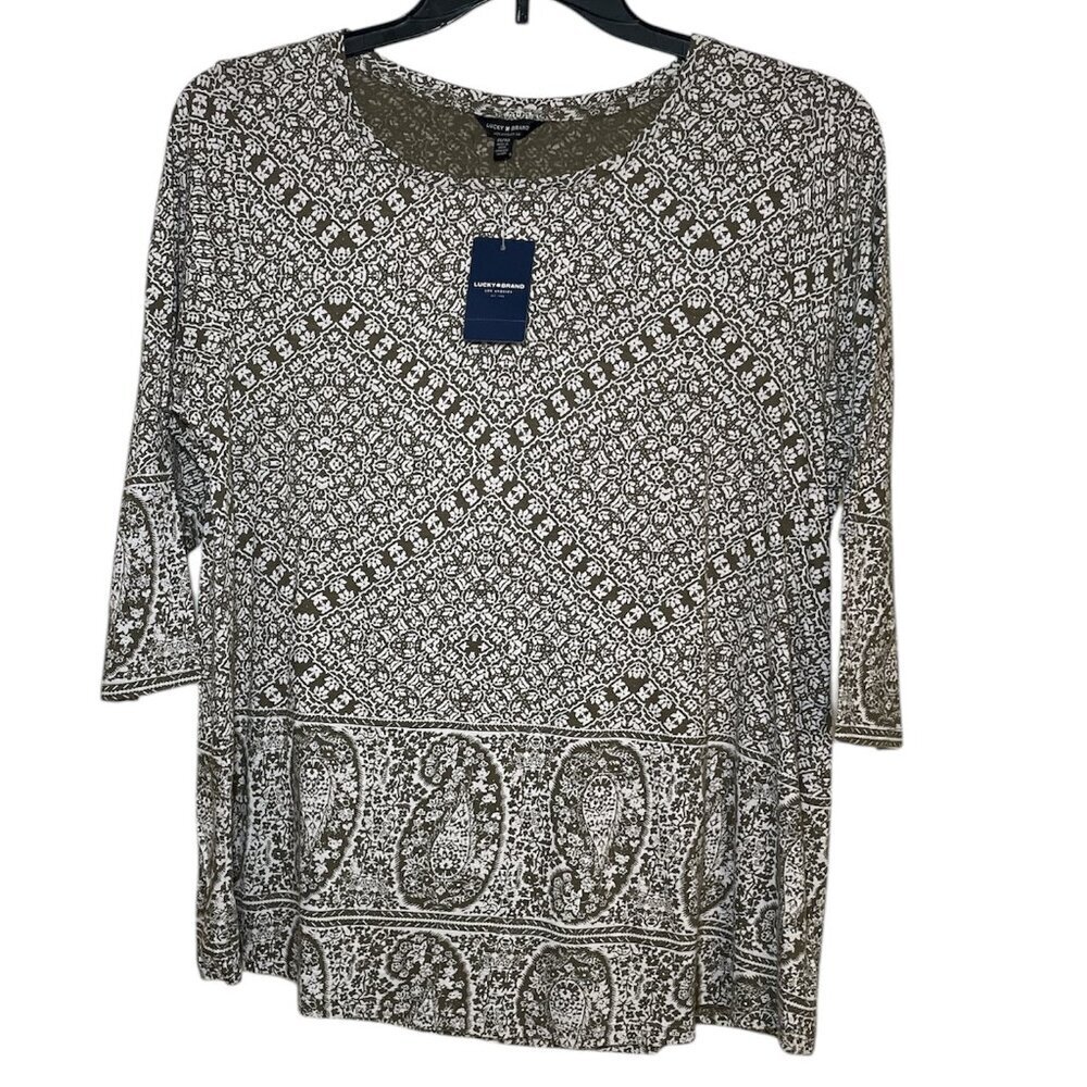 Lucky Brand army green with white print Top sz 1X